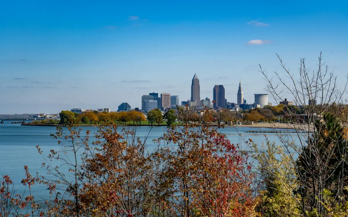 Downtown Cleveland skyline seen across Lake Erie from Edgewater Park