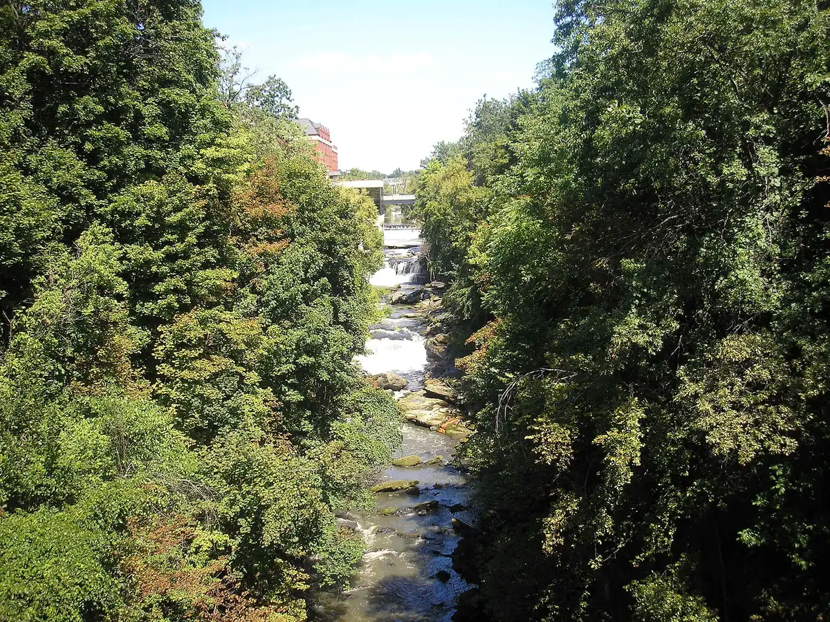 Cuyahoga River gorge and falls at High Bridge Glens in Cuyahoga Falls