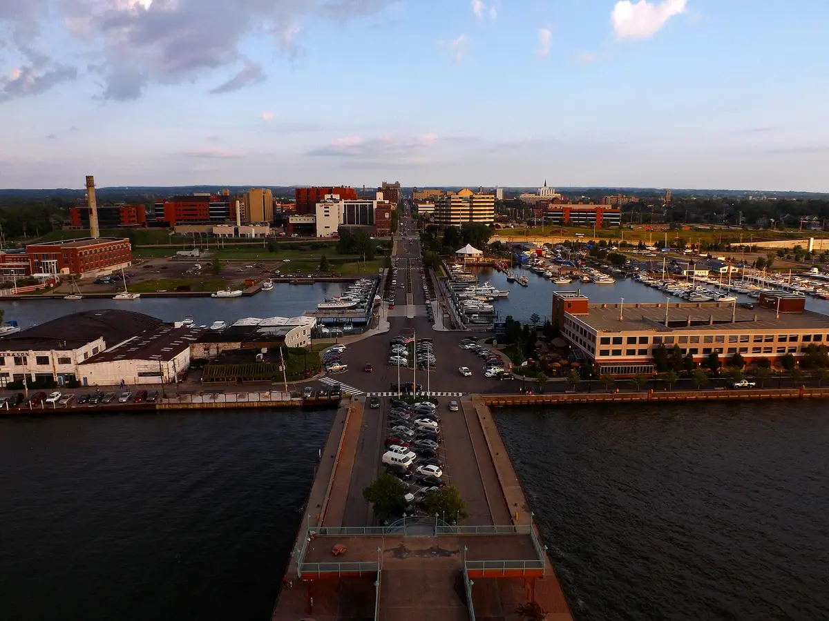 Downtown Erie and Presque Isle Bay seen from the Bicentennial Tower