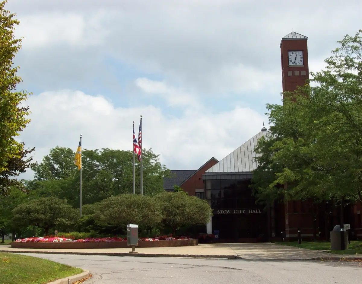 Stow City Hall and its clock tower in Stow, Ohio